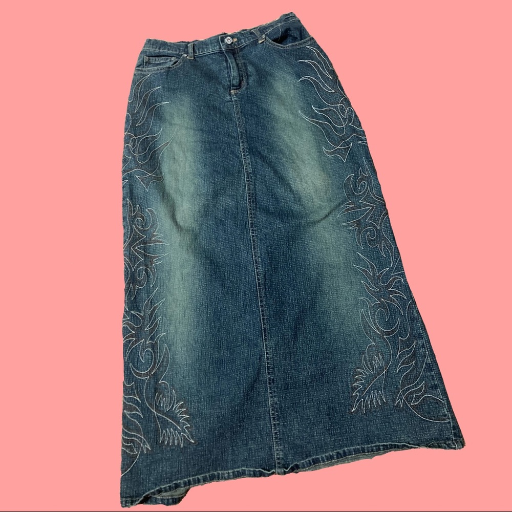 Vintage Lips denim flame maxi skirt❤️‍🔥